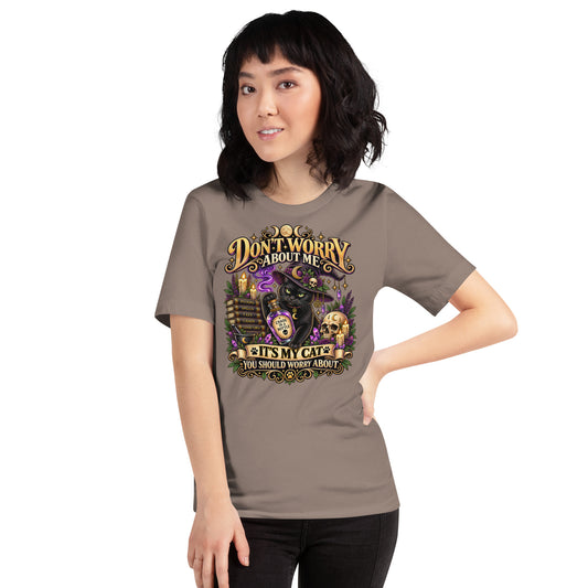 It's My Cat You Should Worry About black cat design on a Pebble unisex t-shirt, front view