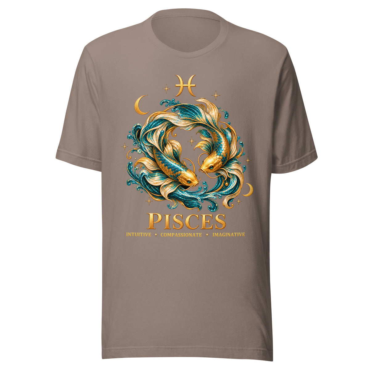 Pisces zodiac t-shirt in pebble, front: two gold and teal koi in a night sky of gold stars with the Pisces glyph