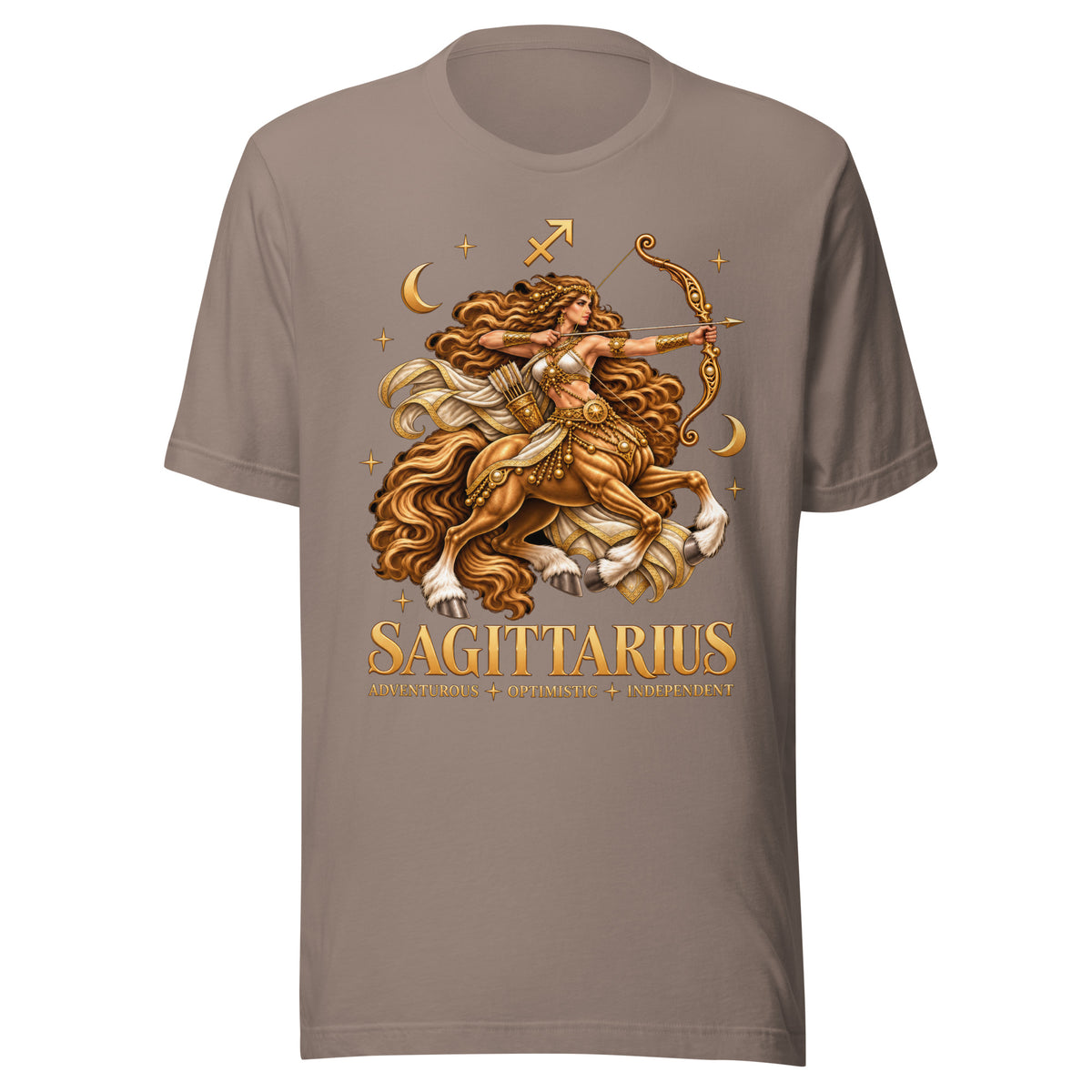 Sagittarius zodiac t-shirt in pebble, front: a golden centaur archer in a night sky of gold stars with the Sagittarius glyph