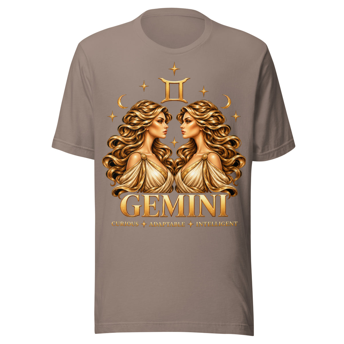 Gemini zodiac t-shirt in pebble, front: golden twins face to face in a night sky of gold stars