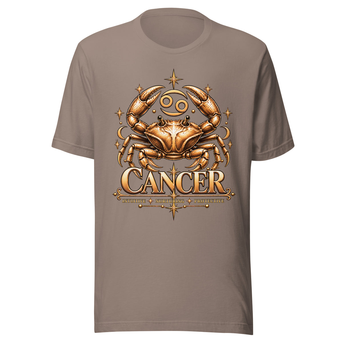 Cancer zodiac t-shirt in pebble, front: a golden crab with claws raised in a night sky of gold stars