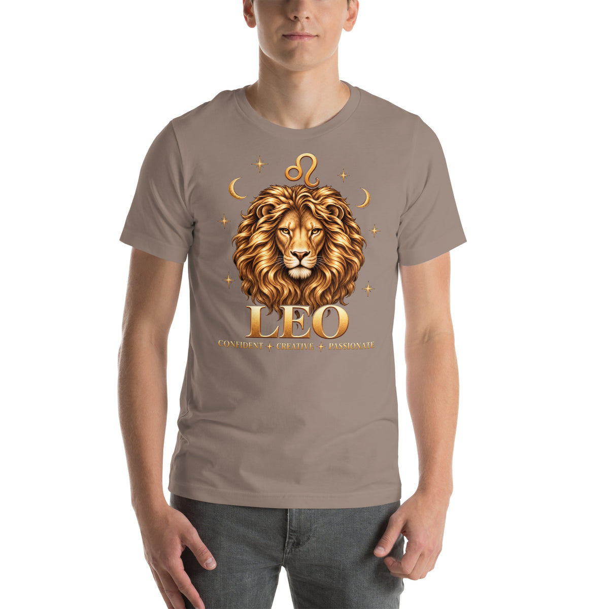 Leo zodiac t-shirt in pebble, front: a golden lion with a full flowing mane in a night sky of gold stars