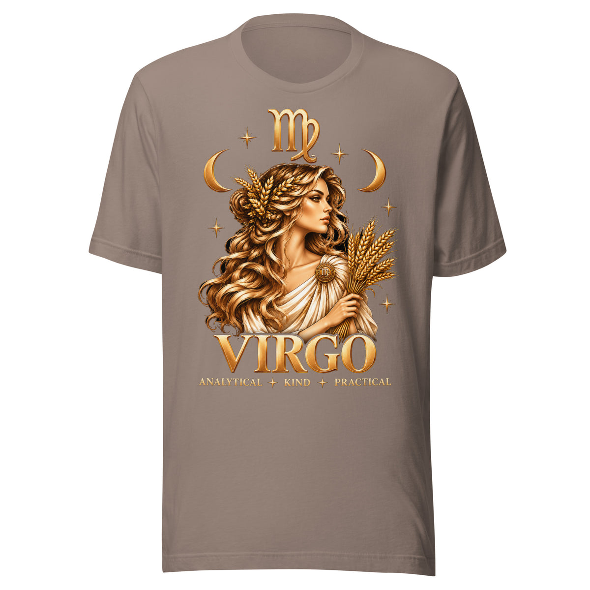 Virgo zodiac t-shirt in pebble, front: a golden maiden holding a sheaf of wheat in a night sky of gold stars