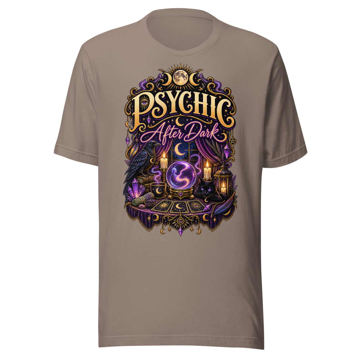Psychic After Dark neon design, a black cat with a crystal ball, tarot cards and books, on a pebble unisex t-shirt, front view