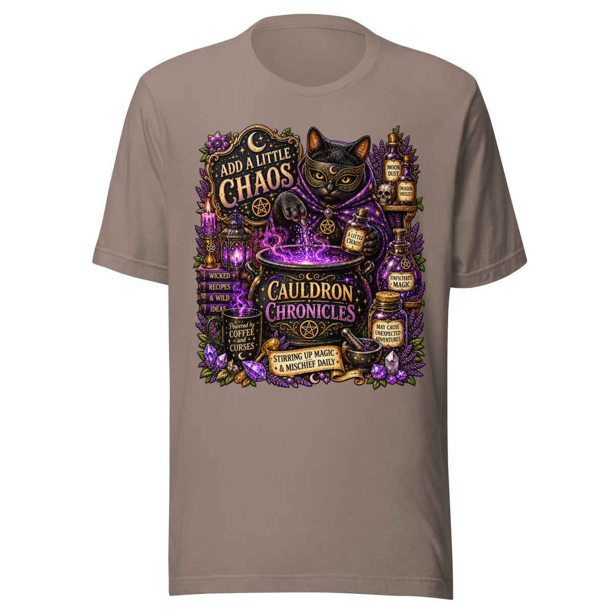 Add A Little Chaos design, a masked black cat stirring a bubbling purple cauldron, on a pebble unisex t-shirt, front view