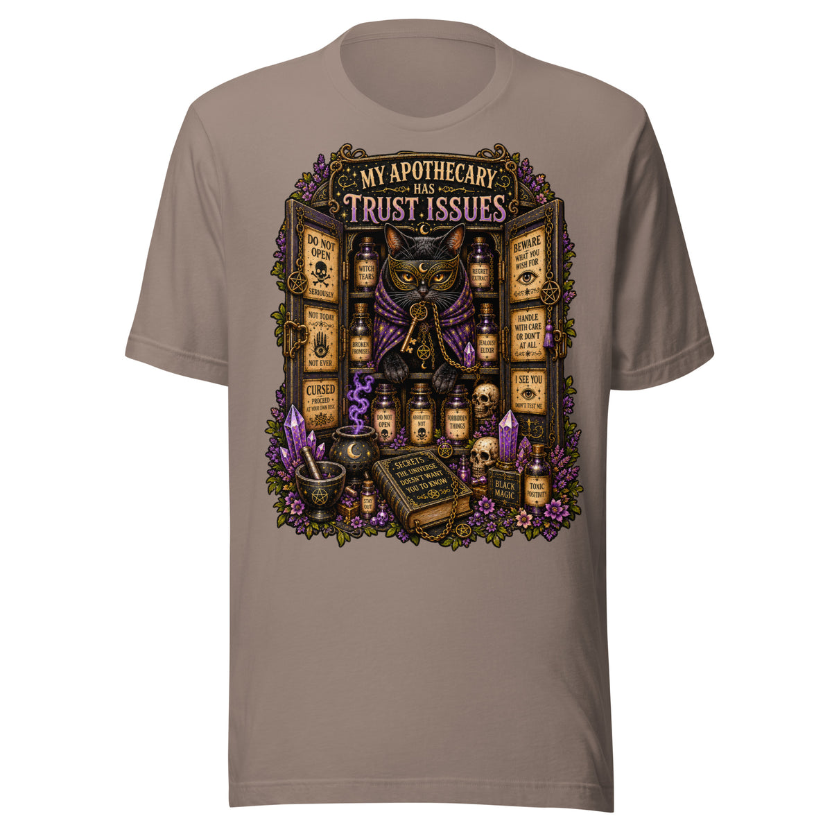 My Apothecary Has Trust Issues design, a masked black cat guarding a cabinet of labeled potions, on a pebble unisex t-shirt, front view