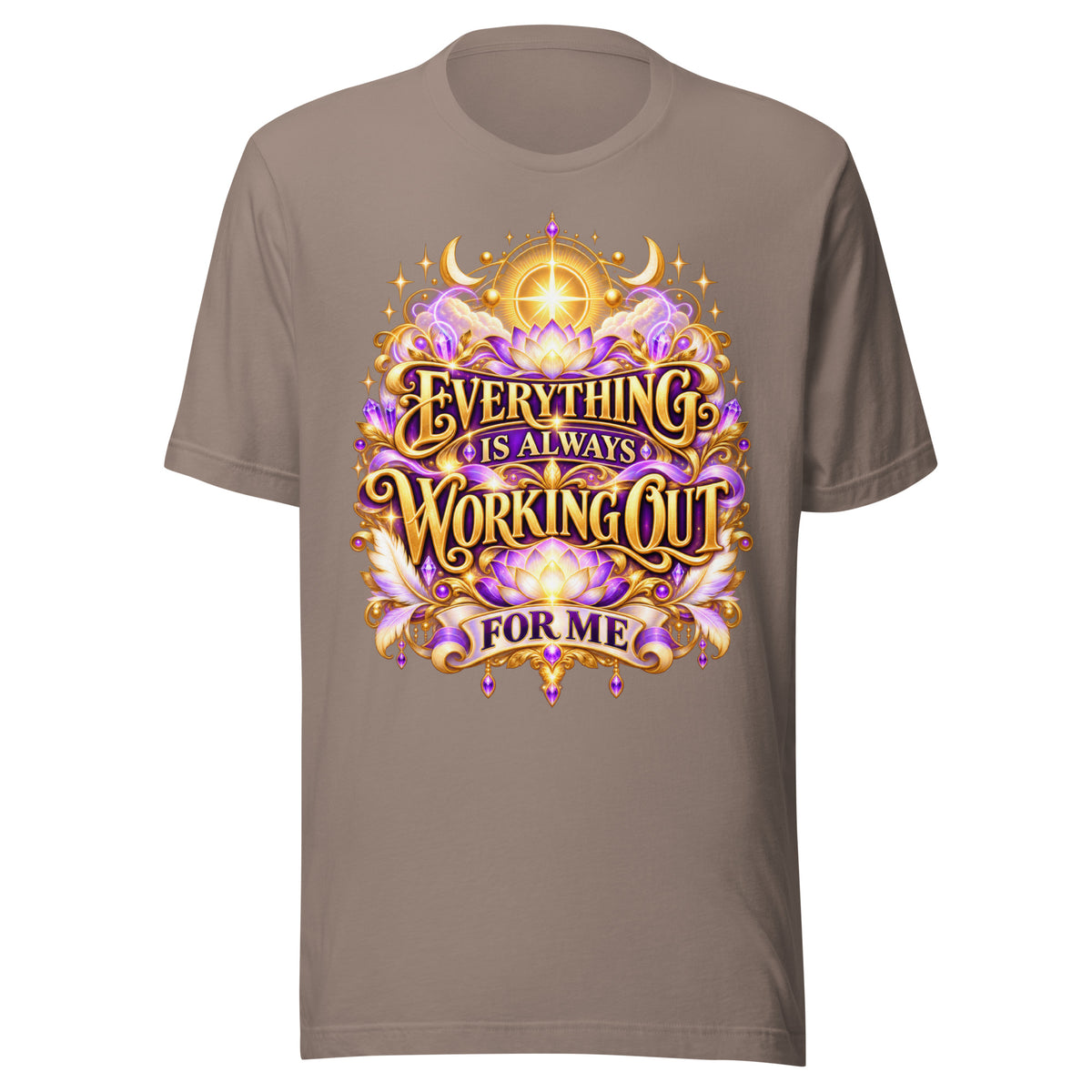 Everything Is Always Working Out For Me gold affirmation design with lotus and crescent moons, on a pebble unisex t-shirt, front view