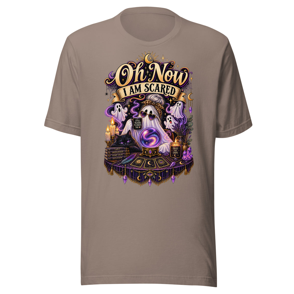Oh Now I Am Scared design, a ghost in heart sunglasses reading a crystal ball with tarot cards, on a pebble unisex t-shirt, front view