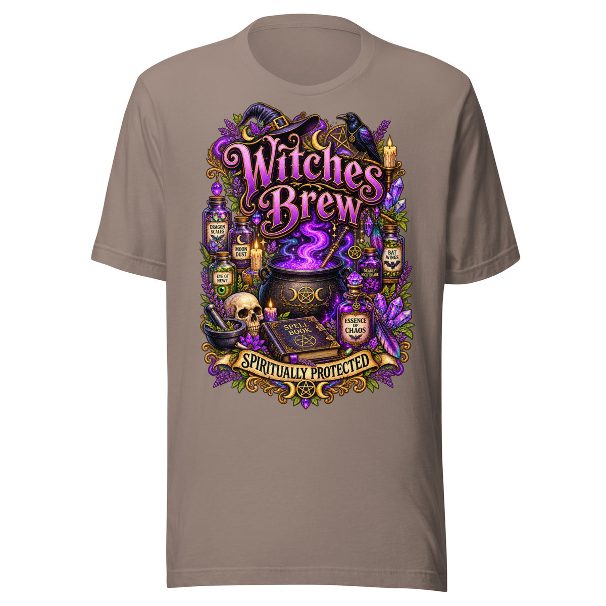 Witches Brew Spiritually Protected design, a bubbling cauldron with potion jars, on a pebble unisex t-shirt, front view