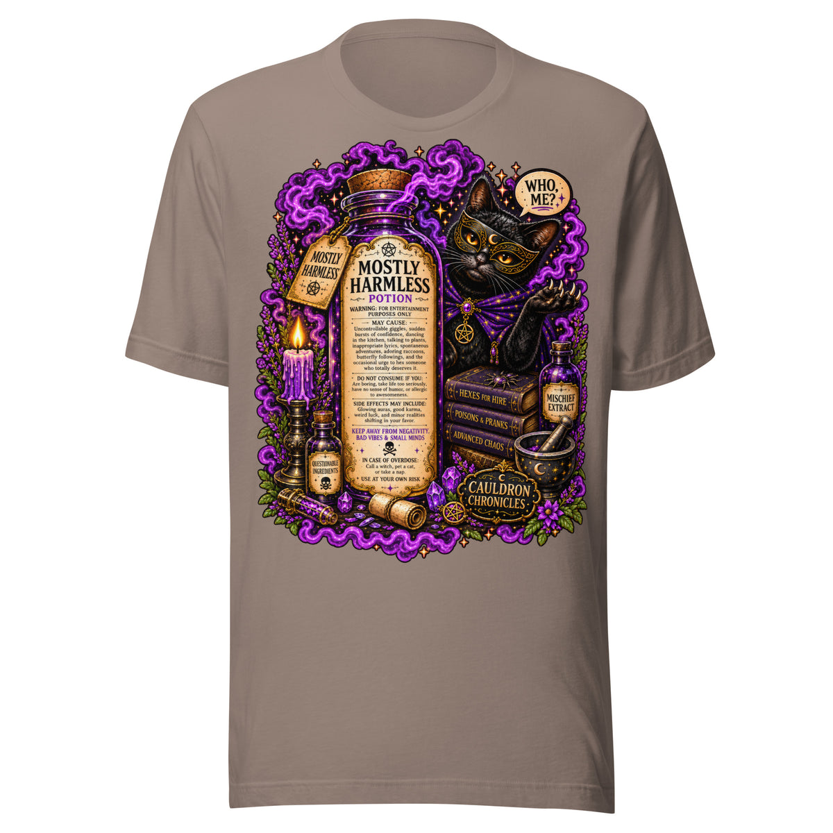 Mostly Harmless design, a potion bottle and a masked black cat, on a pebble unisex t-shirt, front view