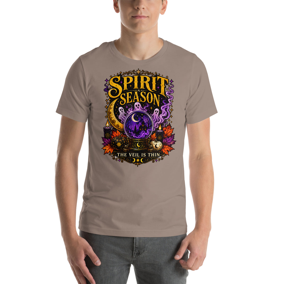Spirit Season The Veil Is Thin design, three ghosts around a crystal ball, on a pebble unisex t-shirt, front view