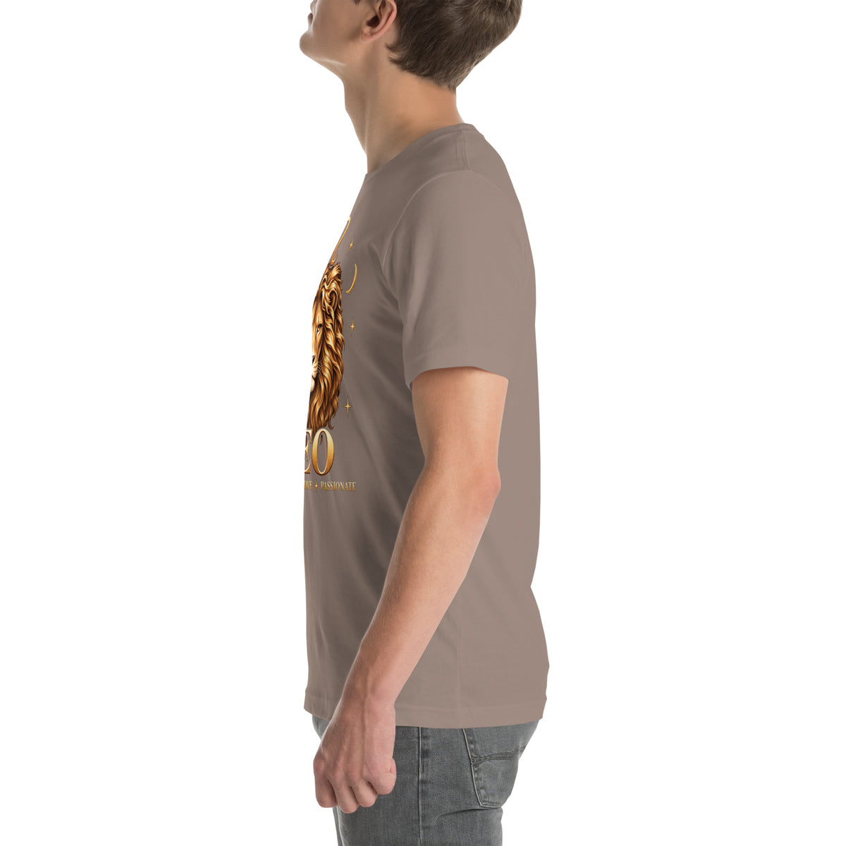 Leo zodiac t-shirt in pebble, left side view