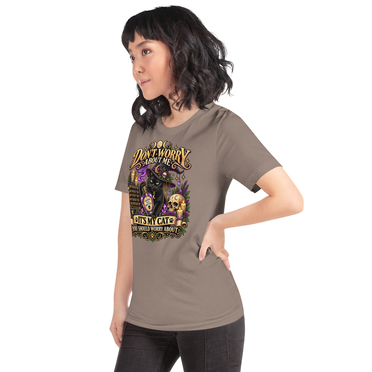 Model wearing a Pebble It's My Cat You Should Worry About t-shirt, left side view