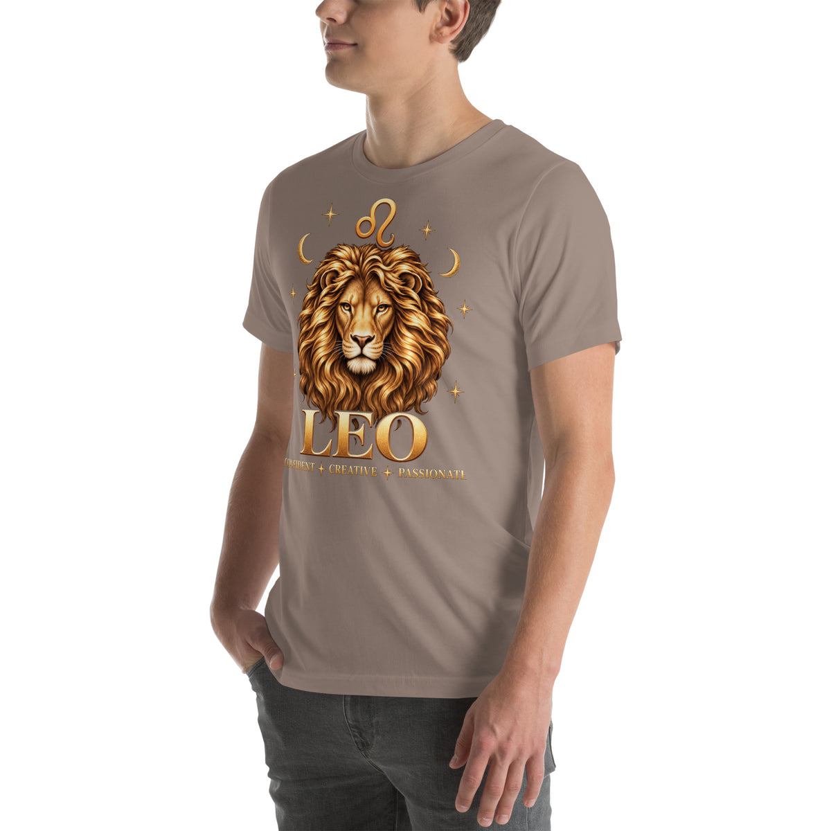 Leo zodiac t-shirt in pebble, front view angled left