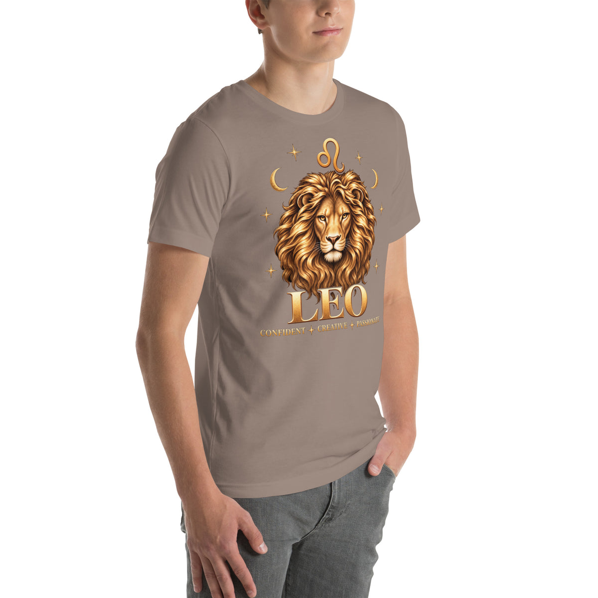 Leo zodiac t-shirt in pebble, front view angled right