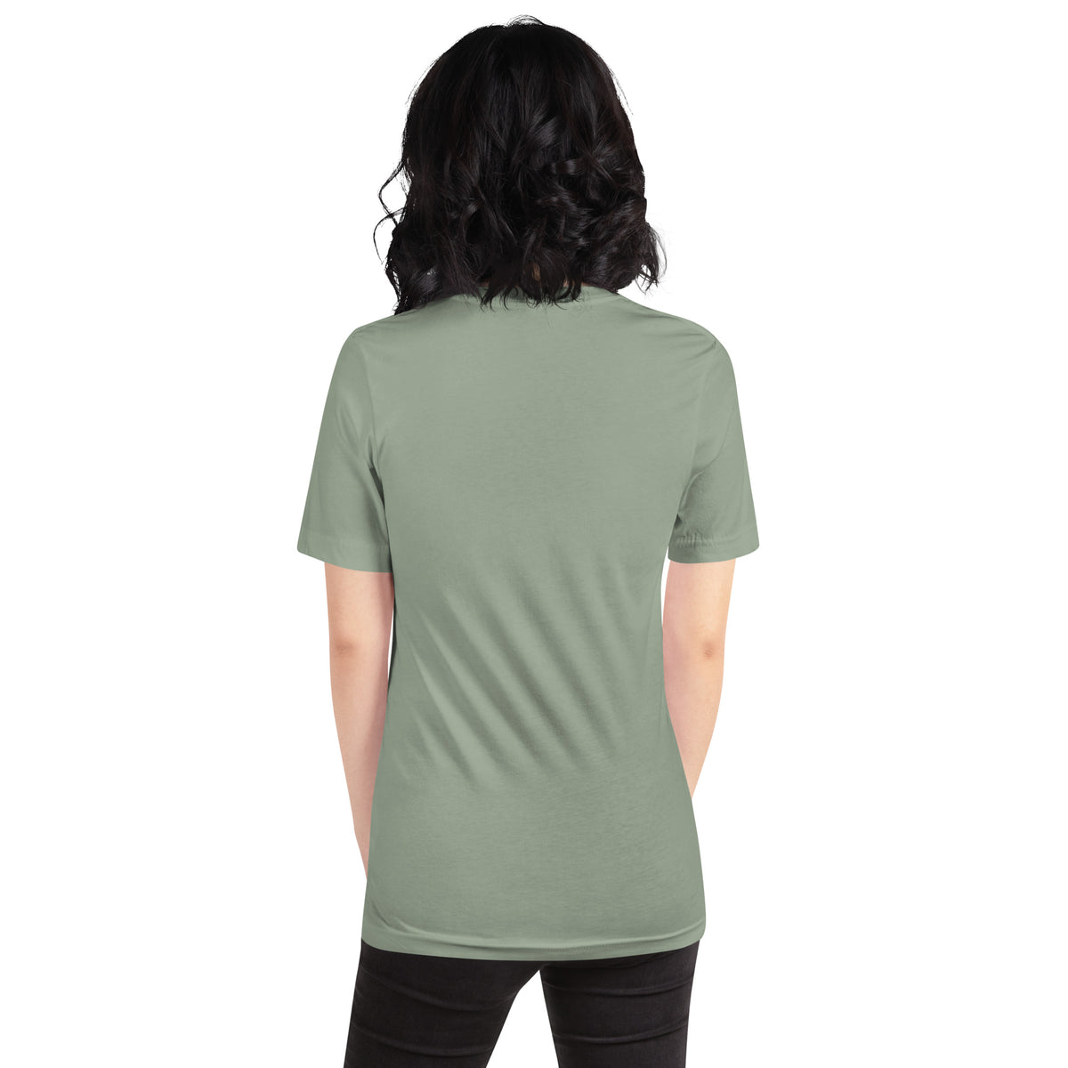 Chaos Coordinator whimsigoth design, a witchy black cat in a pointed hat, on a sage unisex t-shirt, back view
