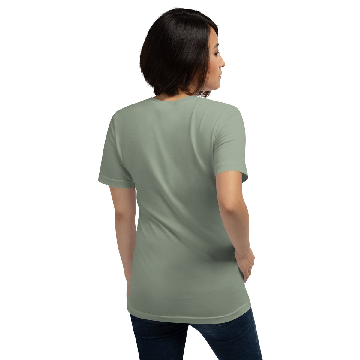 My Book Club Has A Coven Problem dark academia design, a witchy black cat and a stack of spellbooks, on a sage unisex t-shirt, back view