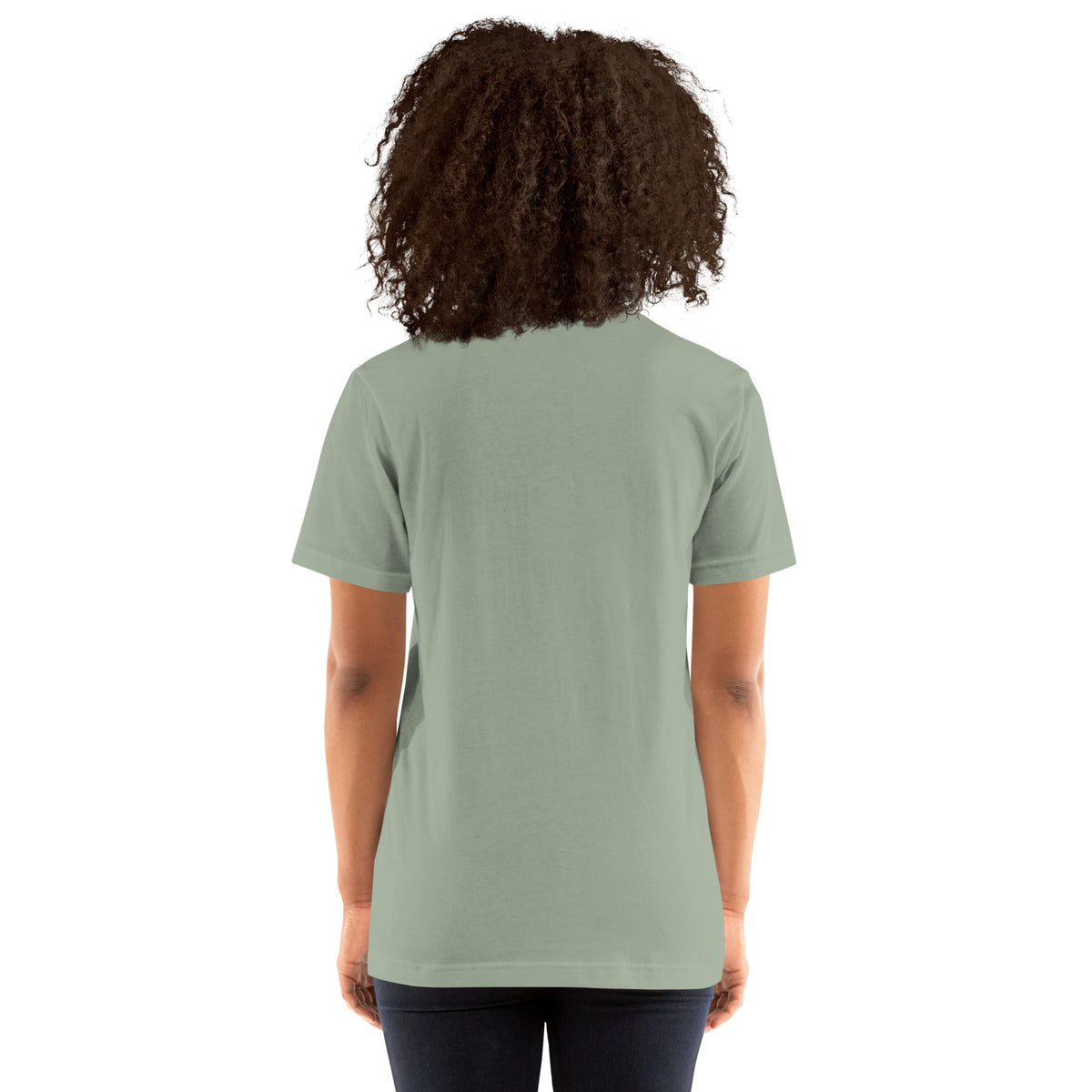 Currently Reading The Signs dark academia design, two black cats asleep over an open book beneath a crescent moon, on a sage unisex t-shirt, back view