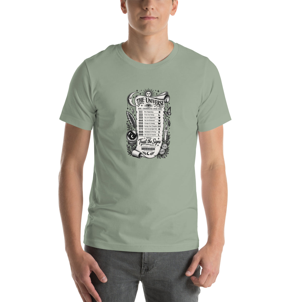 Trust the Signs design, a receipt from the Universe listing the angel numbers and their meanings, with a crystal ball and a candle, on a sage unisex t-shirt, front view
