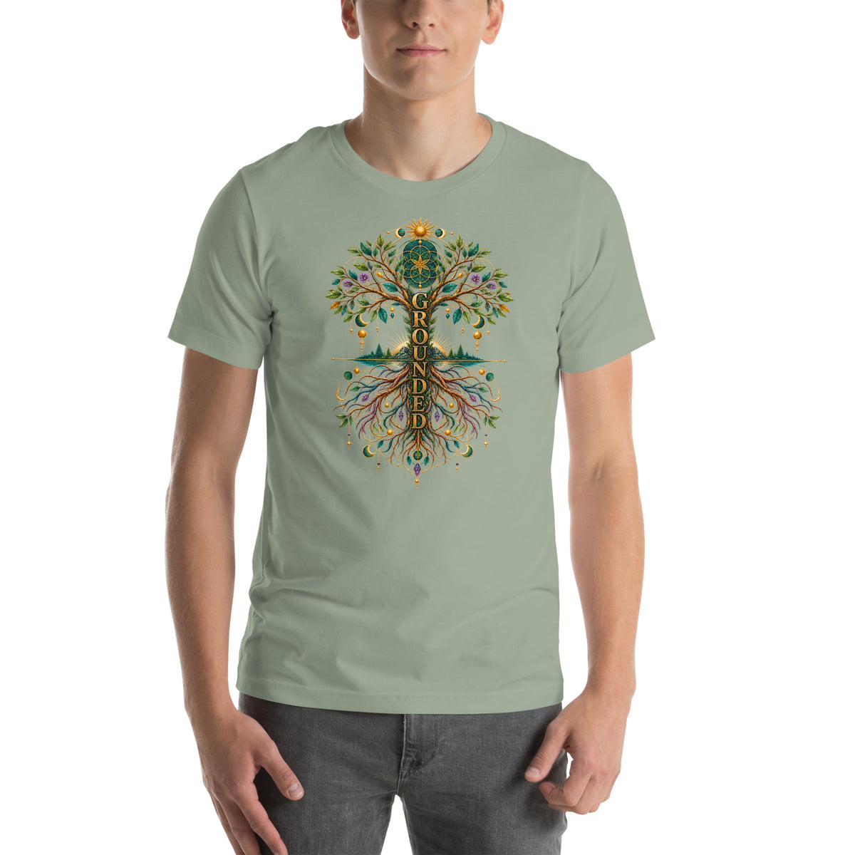 Grounded in Divine Energy design, on a sage unisex t-shirt, front view