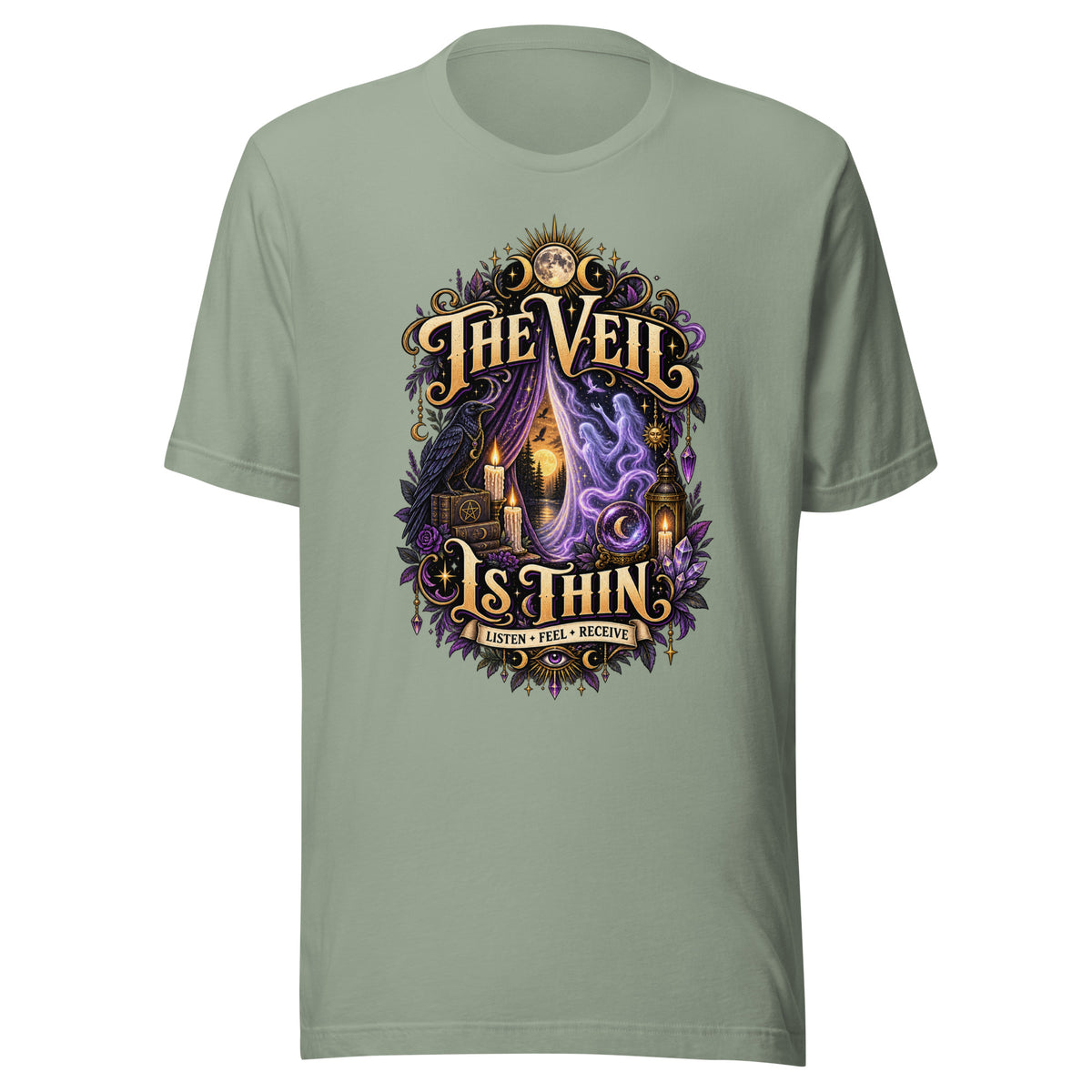 The Veil Is Thin whimsigoth design, a raven, candles and spirits rising through a parted veil, on a sage unisex t-shirt, front view