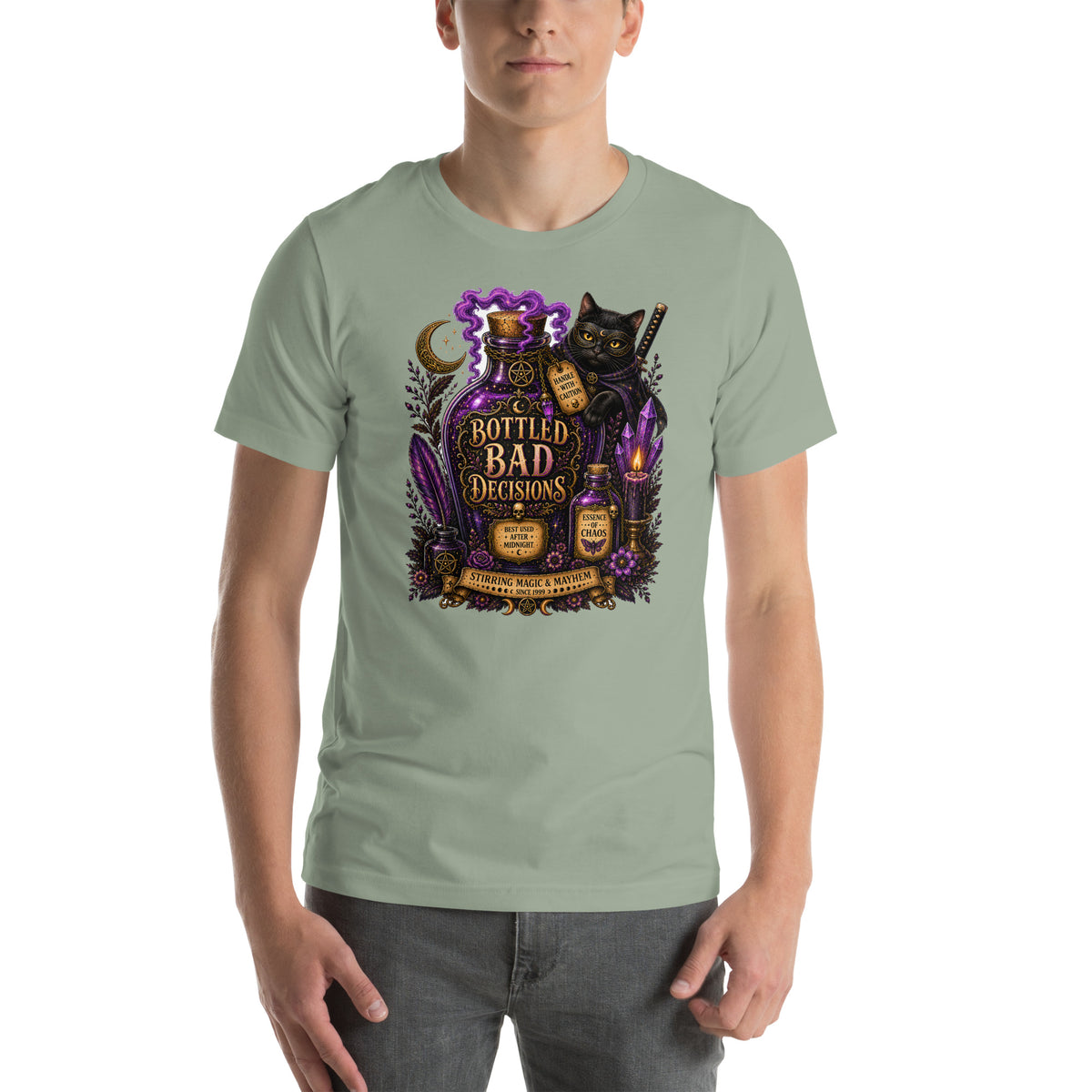 Bottled Bad Decisions whimsigoth design, a black cat and a glowing potion bottle, on a sage unisex t-shirt, front view