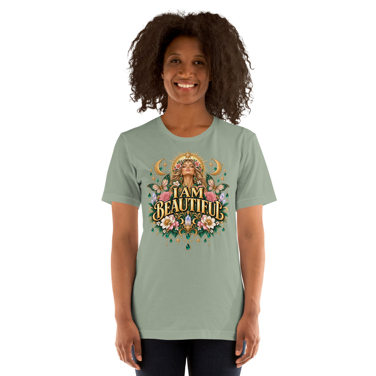 I Am Beautiful affirmation design with roses, butterflies and twin crescents in gold, on a sage unisex t-shirt, front view