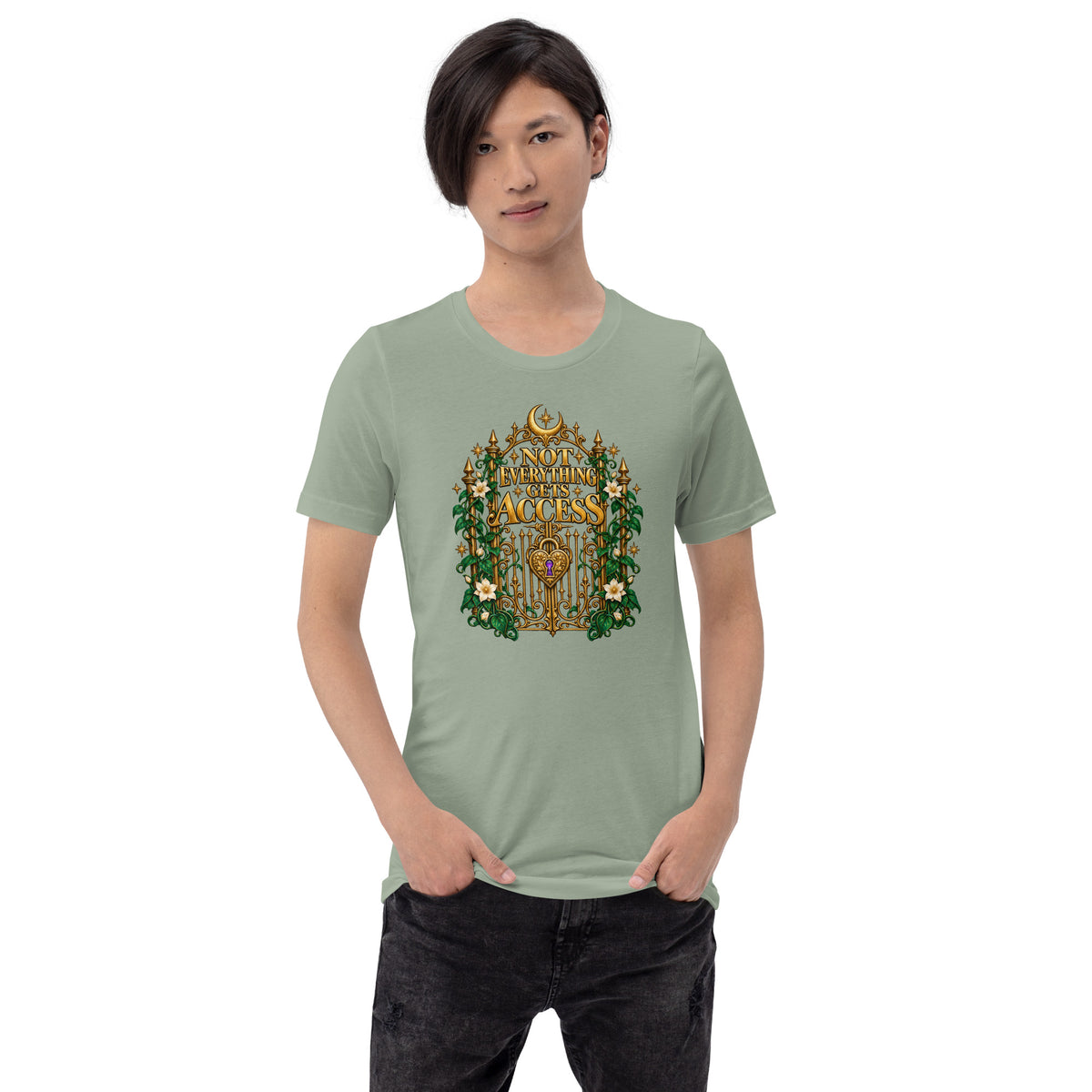 Not Everything Gets Access design, an ornate gold gate with a heart-shaped padlock, framed by ivy and white jasmine, on a sage unisex t-shirt worn by a model, front view
