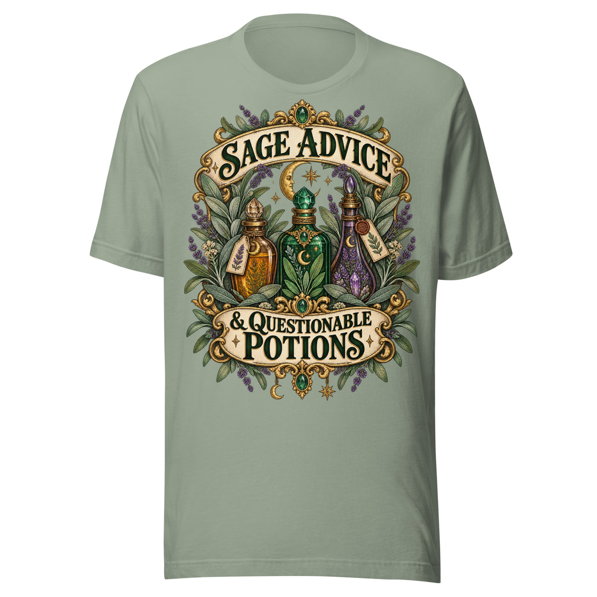Sage Advice and Questionable Potions design, three apothecary bottles among lavender and sage with gold banners above and below, beneath a crescent moon, on a sage unisex t-shirt, front view