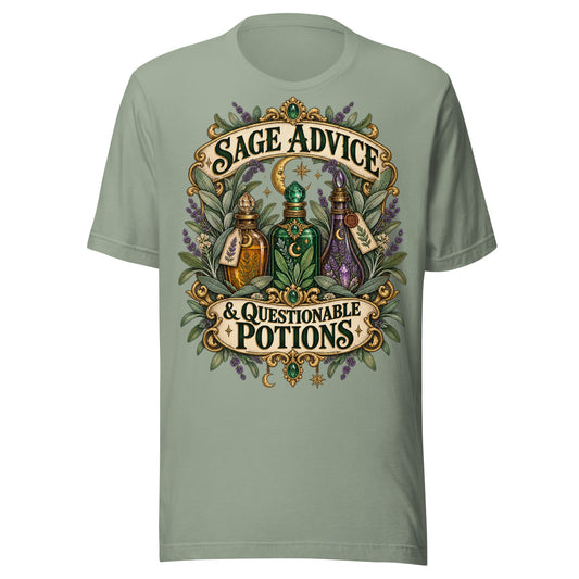 Sage Advice and Questionable Potions design, three apothecary bottles among lavender and sage with gold banners above and below, beneath a crescent moon, on a sage unisex t-shirt, front view
