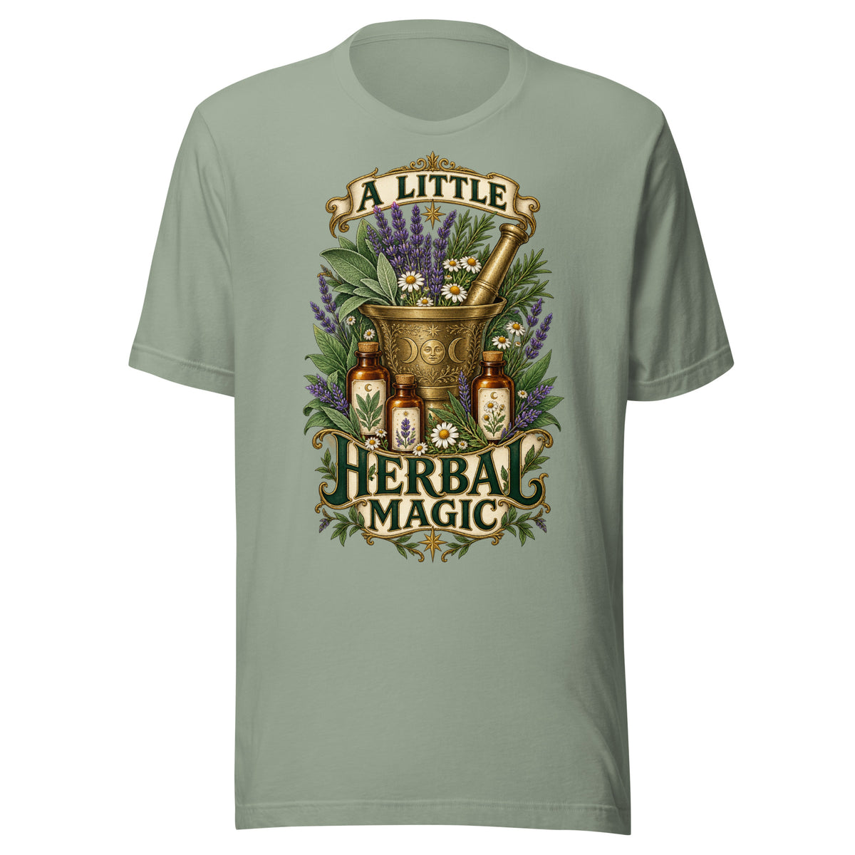 A Little Herbal Magic unisex t-shirt in sage, front. Herbology design with sage, lavender and healing herbs.