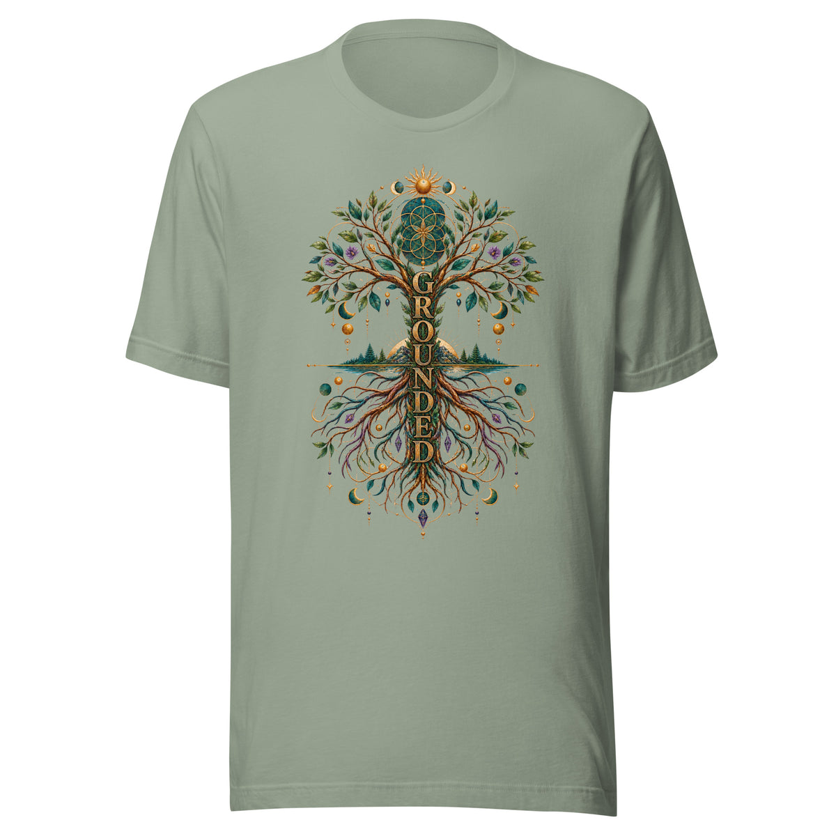 Grounded unisex t-shirt in sage, front. An art nouveau tree of life with mirrored roots, mountains and still water at the center line.