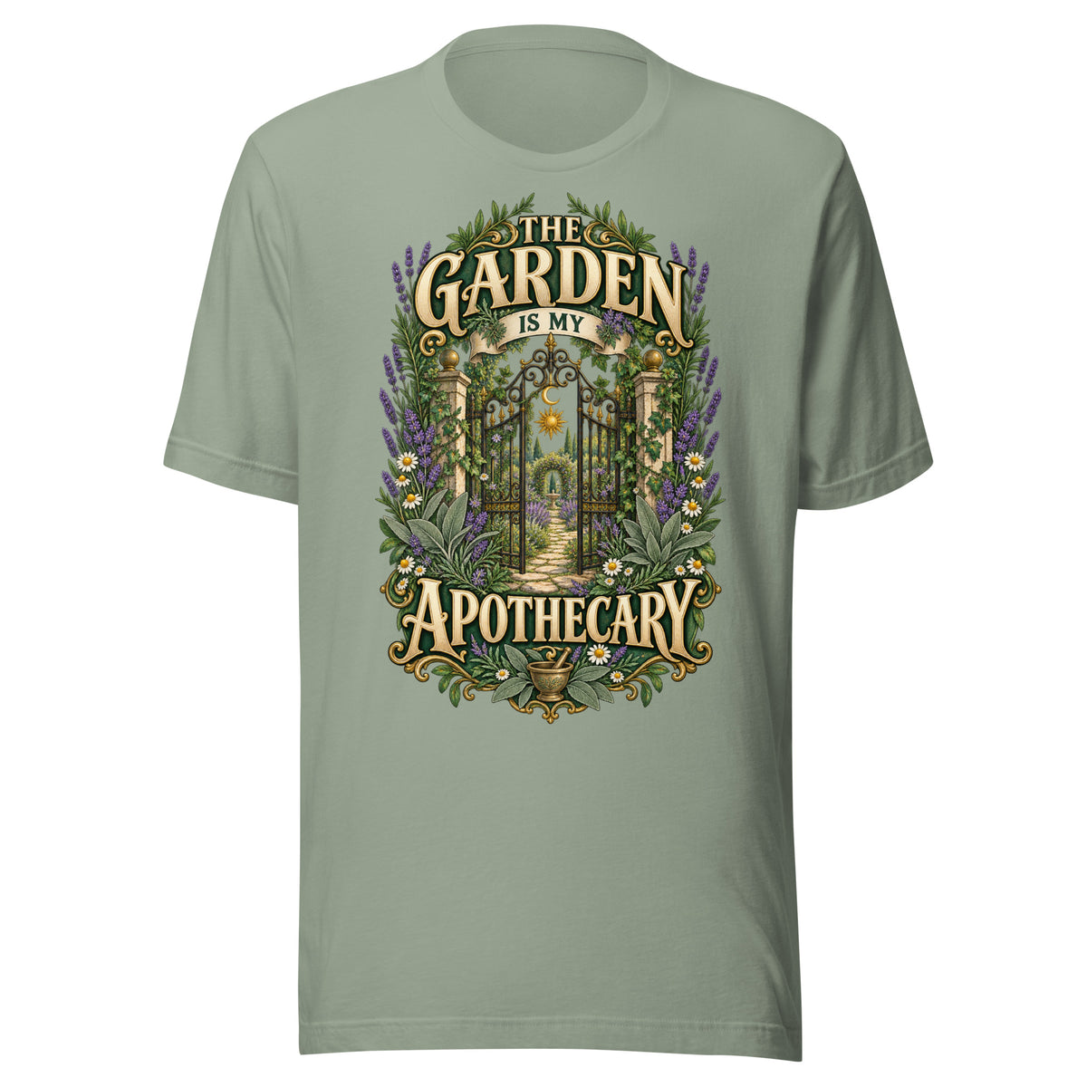 The Garden Is My Apothecary unisex t-shirt in sage, front. Gold apothecary lettering with herbs, books reading Plants Potions Healing Nature Magic, and crystals.