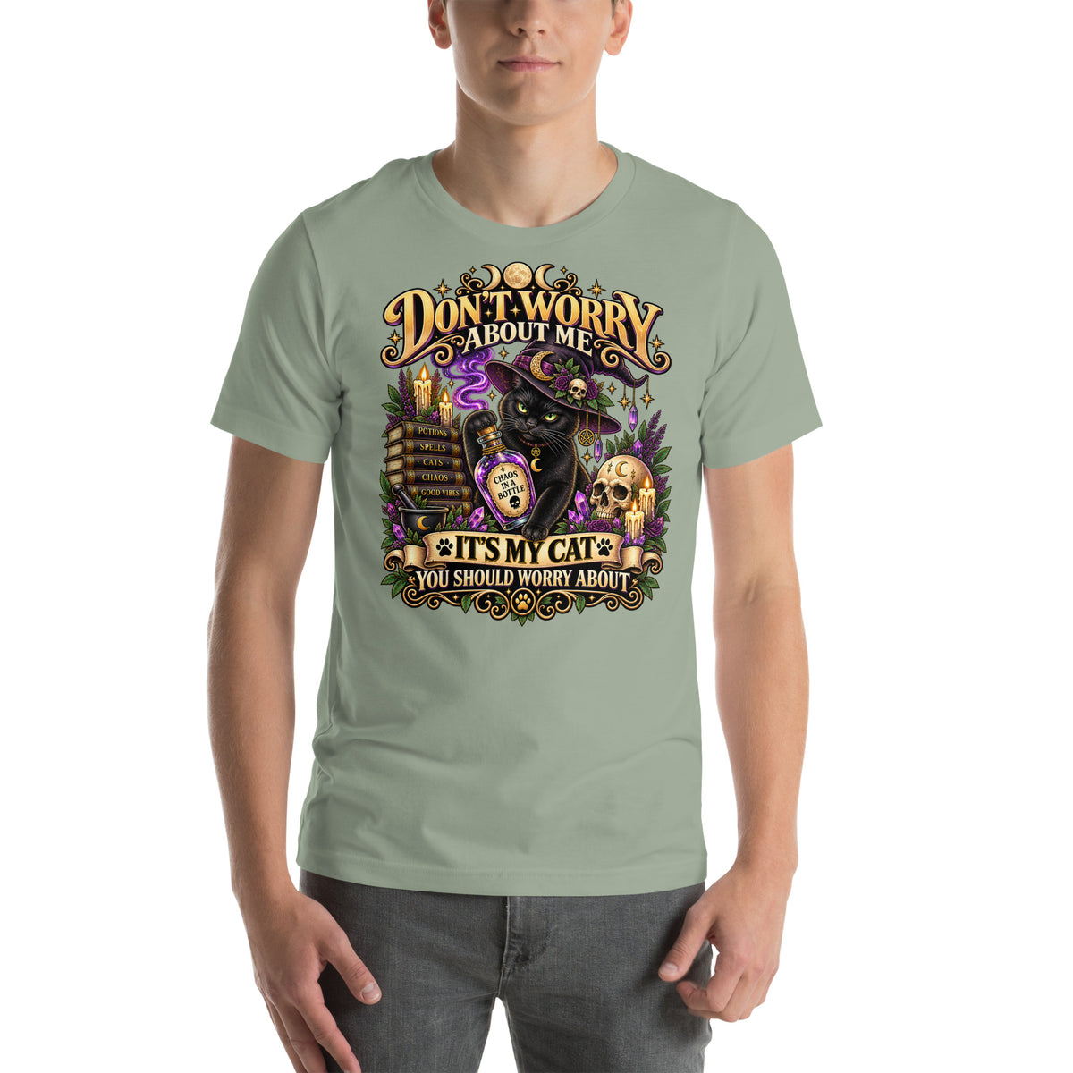 It's My Cat You Should Worry About black cat design on a Sage unisex t-shirt, front view
