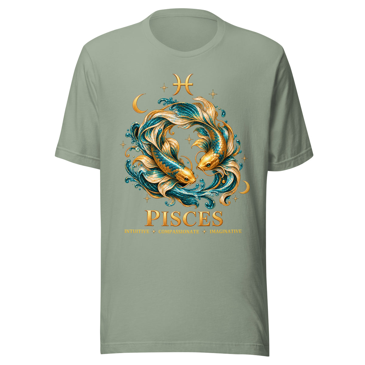 Pisces zodiac t-shirt in sage, front: two gold and teal koi in a night sky of gold stars with the Pisces glyph