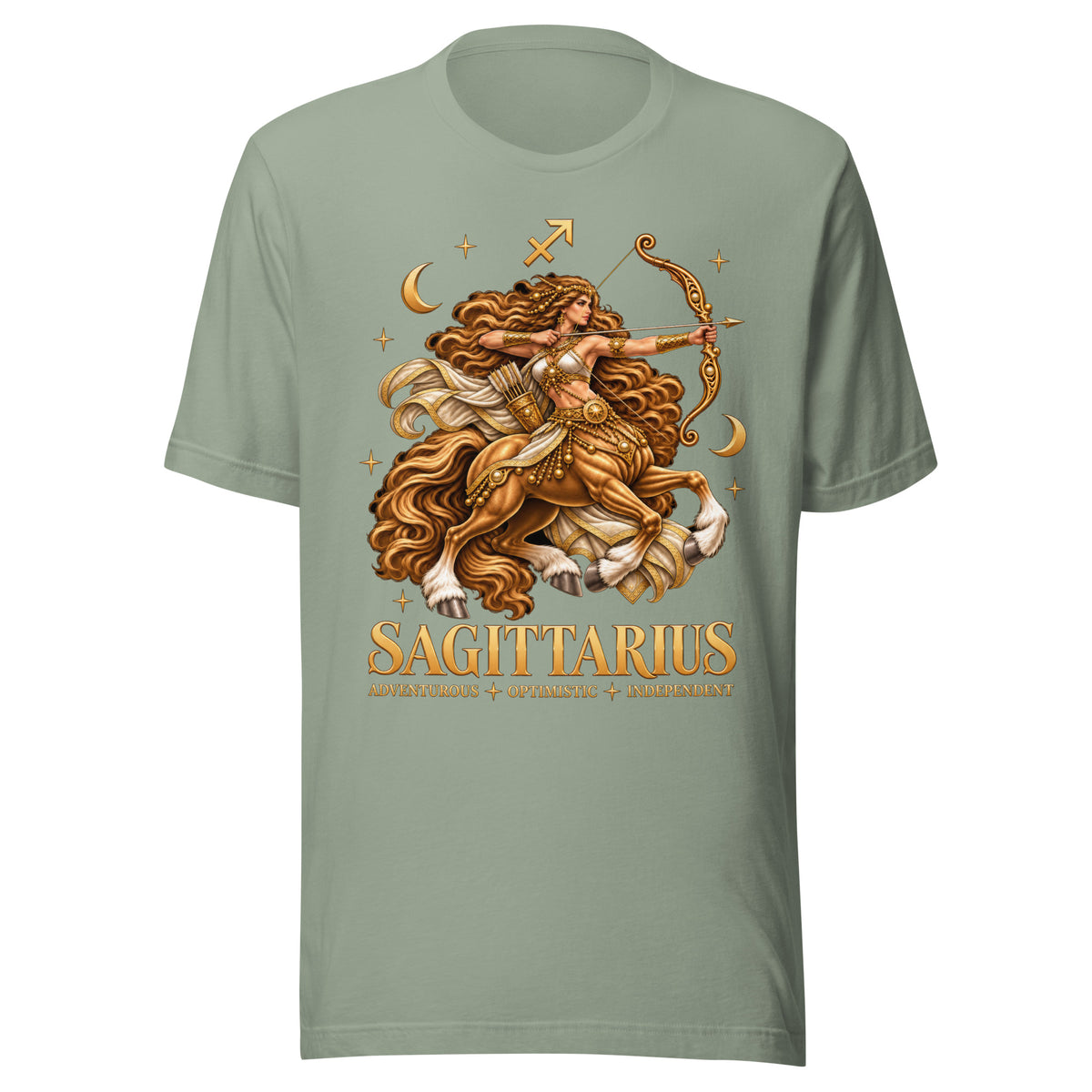 Sagittarius zodiac t-shirt in sage, front: a golden centaur archer in a night sky of gold stars with the Sagittarius glyph