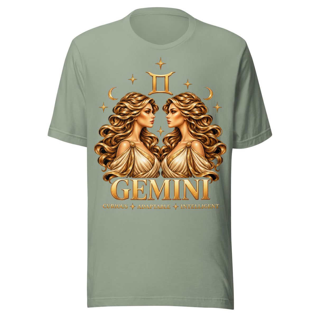 Gemini zodiac t-shirt in sage, front: golden twins face to face in a night sky of gold stars