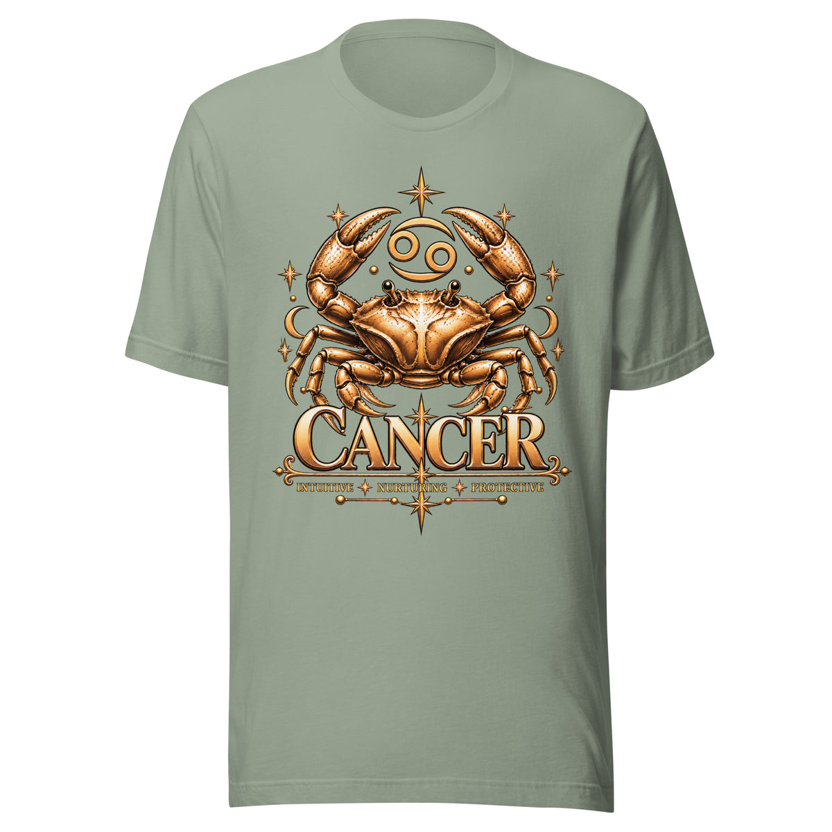 Cancer zodiac t-shirt in sage, front: a golden crab with claws raised in a night sky of gold stars
