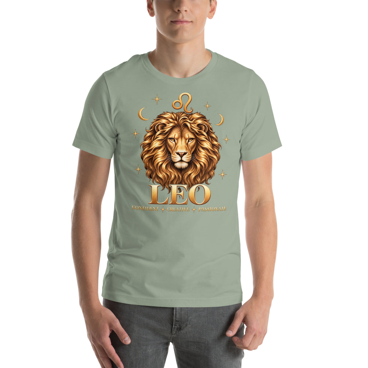 Leo zodiac t-shirt in sage, front: a golden lion with a full flowing mane in a night sky of gold stars