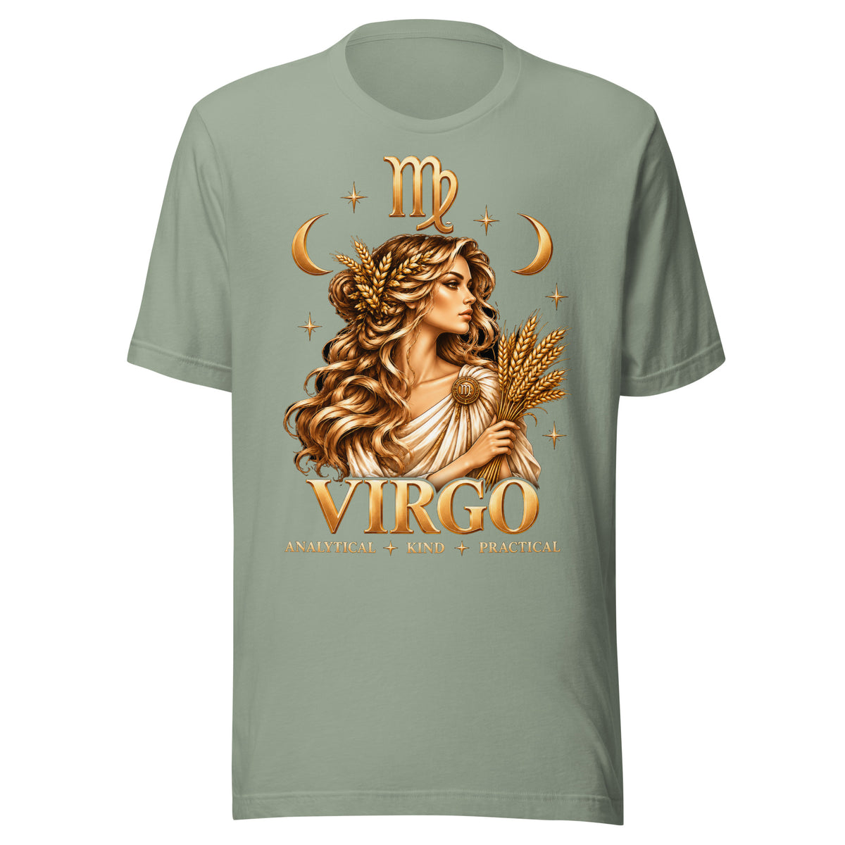 Virgo zodiac t-shirt in sage, front: a golden maiden holding a sheaf of wheat in a night sky of gold stars