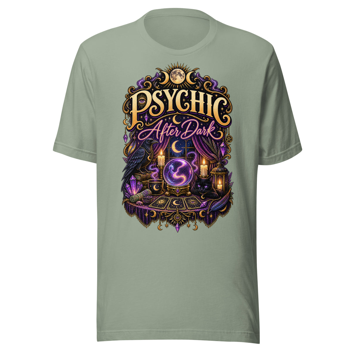 Psychic After Dark neon design, a black cat with a crystal ball, tarot cards and books, on a sage unisex t-shirt, front view