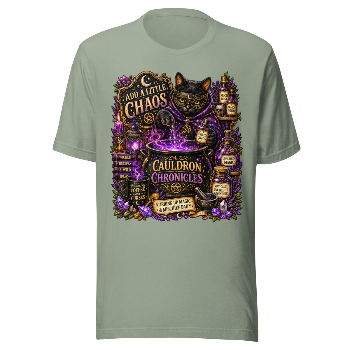 Add A Little Chaos design, a masked black cat stirring a bubbling purple cauldron, on a sage unisex t-shirt, front view