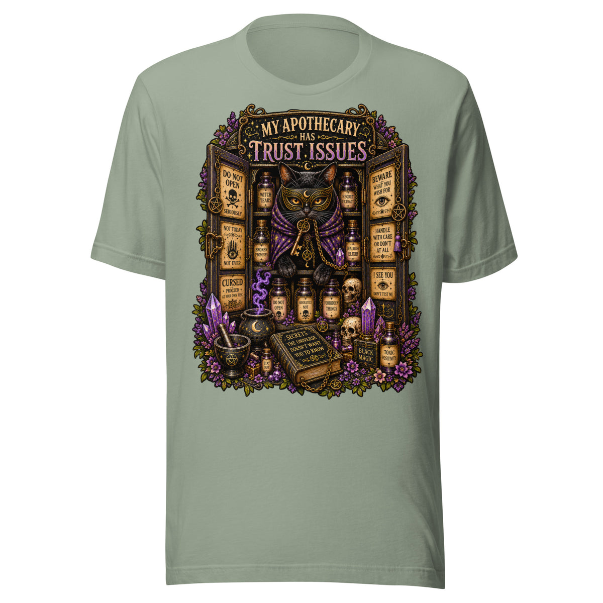 My Apothecary Has Trust Issues design, a masked black cat guarding a cabinet of labeled potions, on a sage unisex t-shirt, front view