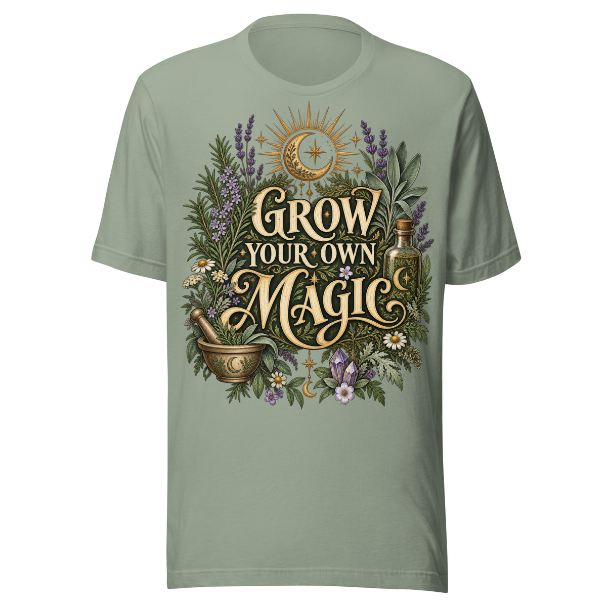 Grow Your Own Magic herbology design, herbs and a golden moon, on a sage unisex t-shirt, front view