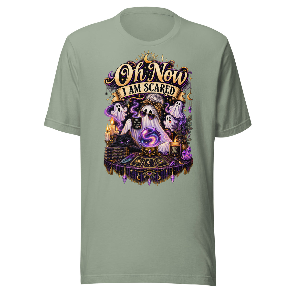 Oh Now I Am Scared design, a ghost in heart sunglasses reading a crystal ball with tarot cards, on a sage unisex t-shirt, front view