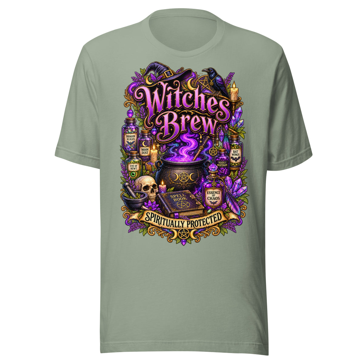 Witches Brew Spiritually Protected design, a bubbling cauldron with potion jars, on a sage unisex t-shirt, front view