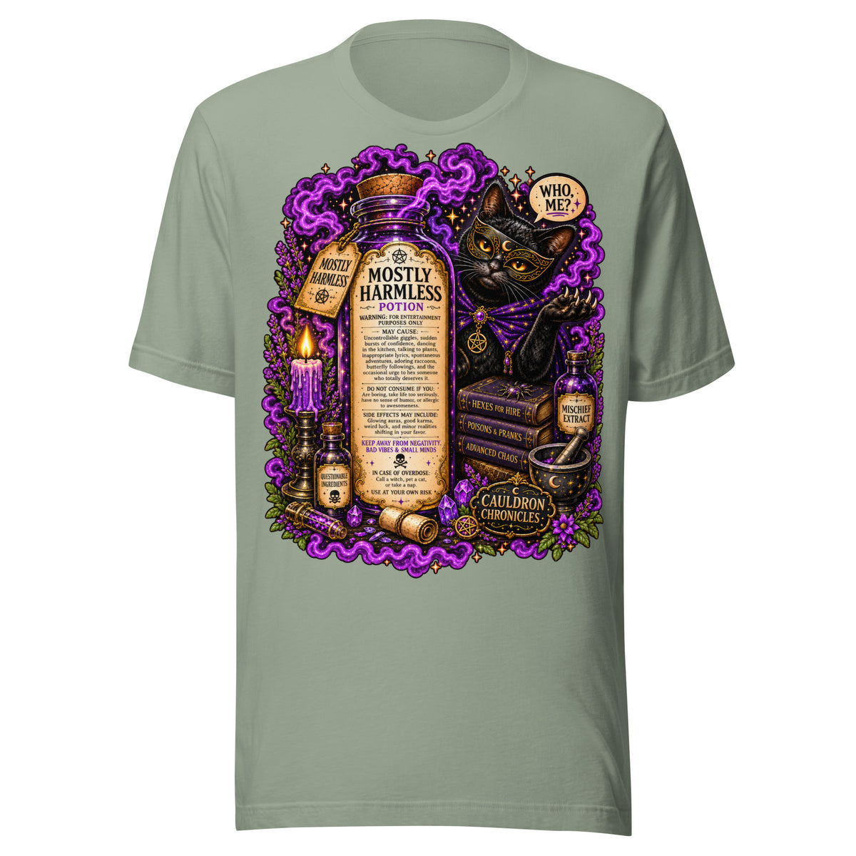 Mostly Harmless design, a potion bottle and a masked black cat, on a sage unisex t-shirt, front view