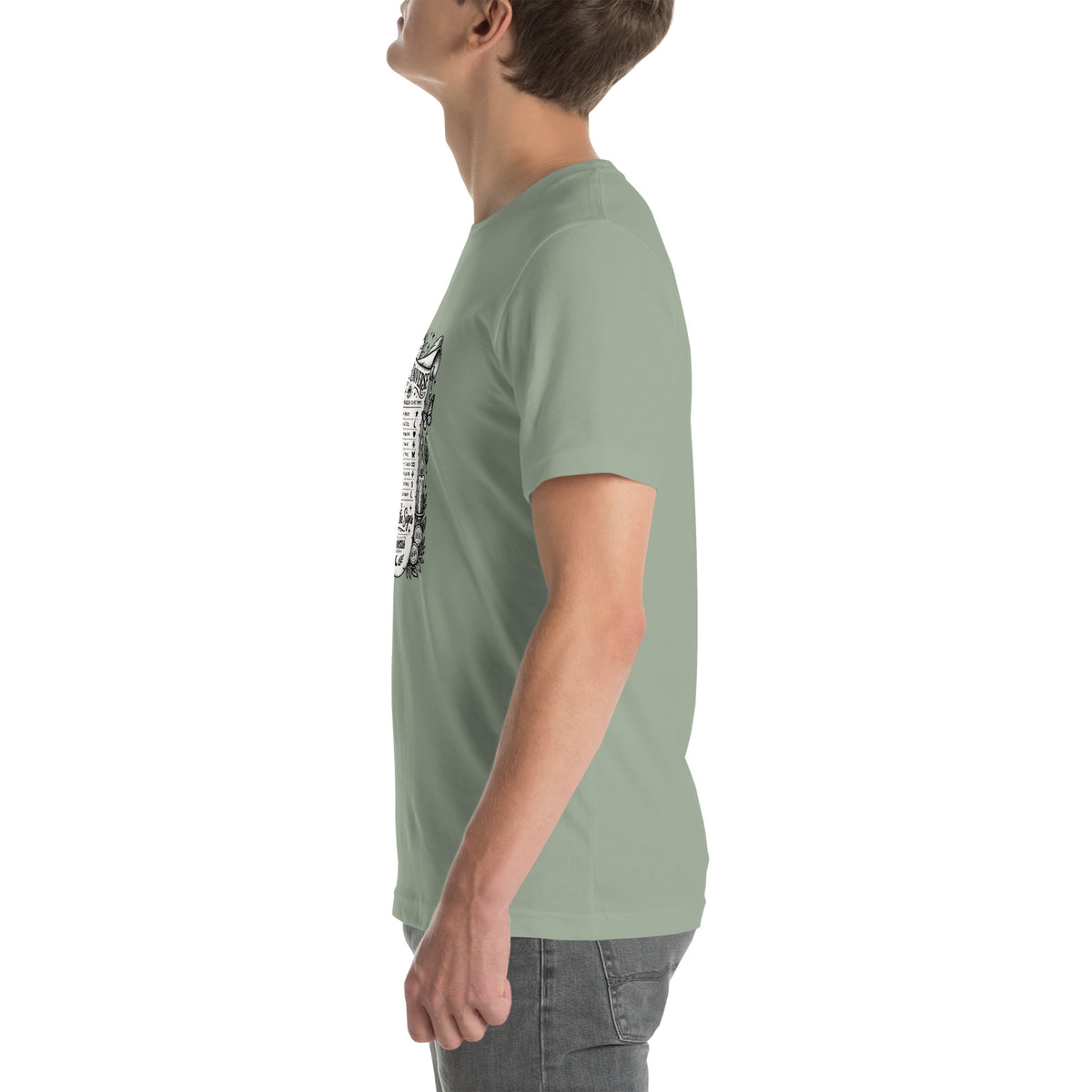 Trust the Signs design, a receipt from the Universe listing the angel numbers and their meanings, with a crystal ball and a candle, on a sage unisex t-shirt, left side view
