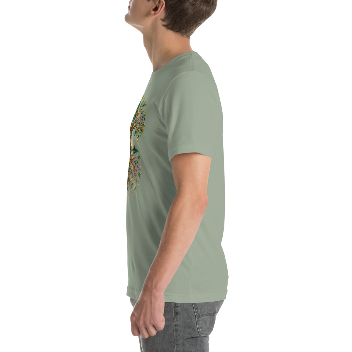 Grounded in Divine Energy design, on a sage unisex t-shirt, left side view