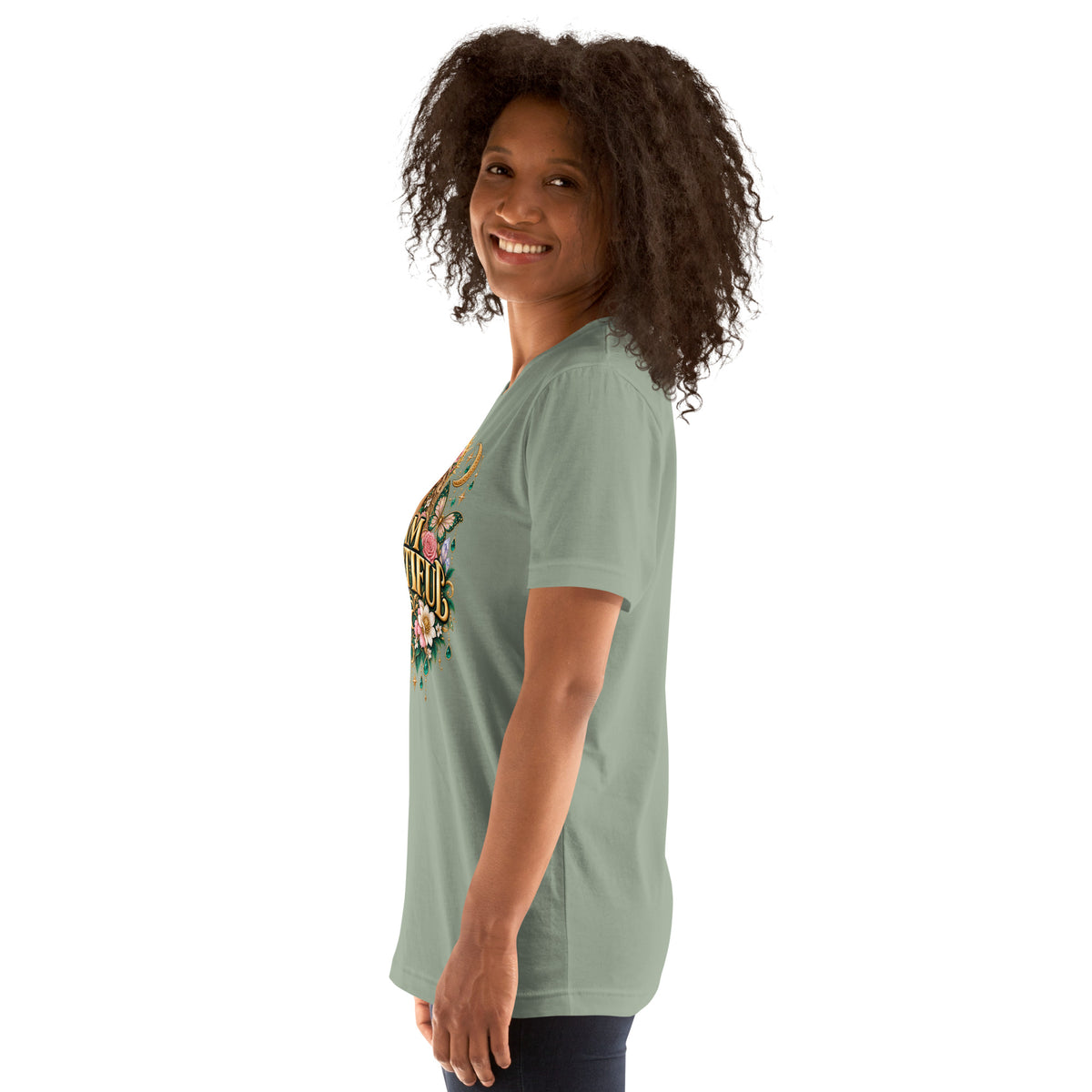 I Am Beautiful affirmation design with roses, butterflies and twin crescents in gold, on a sage unisex t-shirt, left side view
